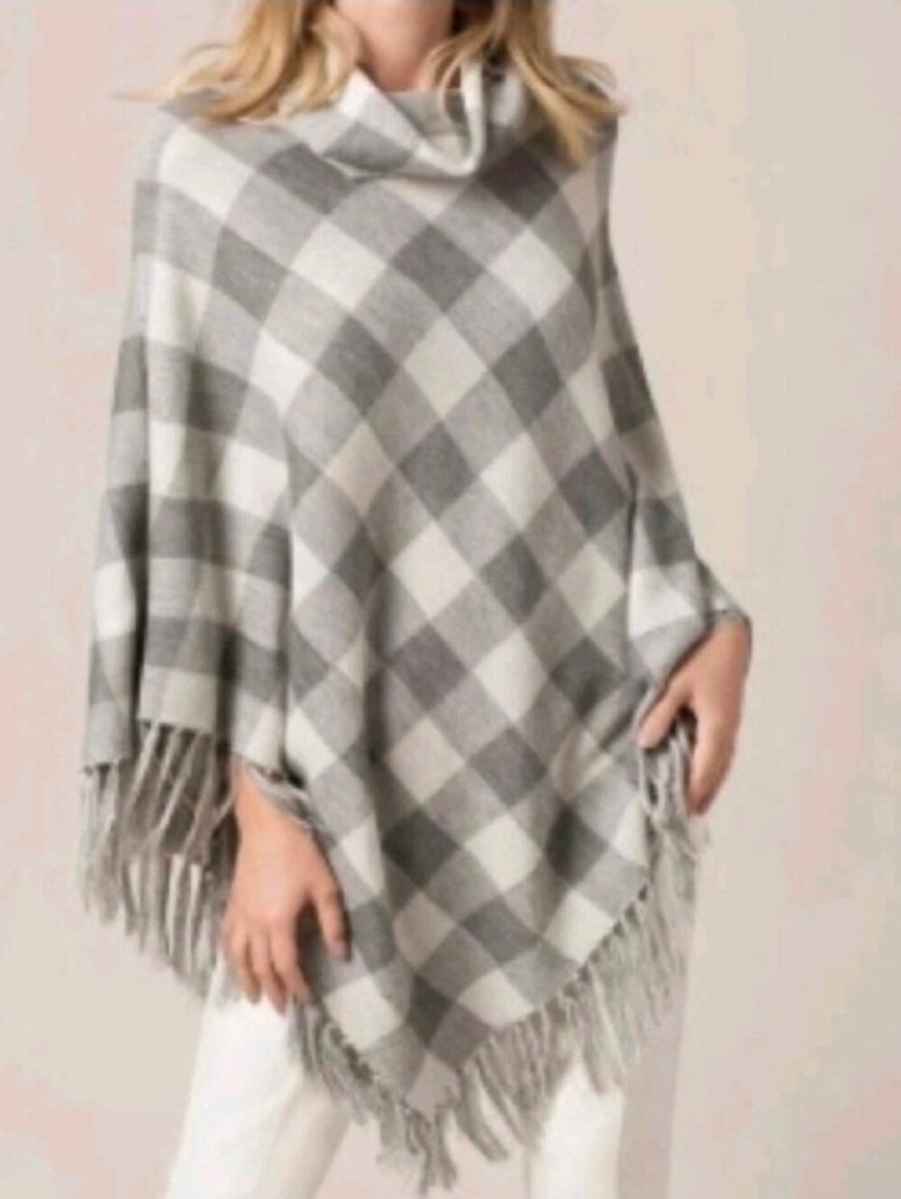 The Limited Buffalo Plaid Grey Fringe Hem Cowl Neck Poncho Size XS/S
